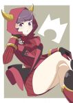  1girl 34_(sanjushi) courtney_(pokemon) fake_horns gloves highres hood hoodie horned_headwear horns looking_at_viewer pokemon pokemon_(game) pokemon_oras purple_eyes purple_hair ribbed_sweater short_hair simple_background solo sweater team_magma team_magma_uniform uniform 