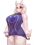  2022 anthro big_breasts blush bodily_fluids bottomless bovid breasts caprine clothed clothing curvy_figure digital_media_(artwork) eyebrows female fingers genital_fluids genitals hi_res horn huge_breasts mammal one_eye_closed pussy pussy_juice red_eyes seraziel simple_background solo thick_thighs toriel undertale_(series) voluptuous white_background wide_hips 