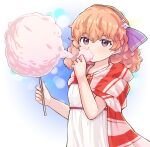  1girl blush brown_eyes cotton_candy dress eating fire_emblem fire_emblem_echoes:_shadows_of_valentia fire_emblem_heroes fireworks food genny_(fire_emblem) hairband highres holding holding_food kutabireta_neko official_alternate_costume orange_hair scarf short_hair simple_background solo striped striped_scarf upper_body white_dress 