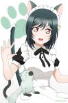  !? 1girl absurdres animal_ears cat cat_ears cat_tail frills green_hair hair_ornament highres love_live! love_live!_nijigasaki_high_school_idol_club maid maid_headdress mifune_shioriko open_mouth pokehikaxyz red_eyes short_hair sitting solo startled tail waitress 