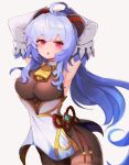  1girl :o ahoge armpits arms_up bangs bell blue_hair blush breasts brown_pantyhose chinese_knot cowboy_shot detached_sleeves flower_knot ganyu_(genshin_impact) genshin_impact gold_trim highres horns hwaryeok large_breasts long_hair looking_at_viewer low_ponytail neck_bell open_mouth pantyhose purple_eyes sidelocks solo tassel thighlet thighs vision_(genshin_impact) white_background white_sleeves 