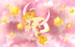 absurd_res accessory ambiguous_gender anthro blonde_hair candy cotton_candy dessert dragon food hair hi_res horn jewelry moon mythological_creature mythological_scalie mythology paws pendant pink_horn red_ears rin_chi scalie sleeping solo space star tail wings yellow_body