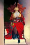 2026 5_fingers absurd_res anthro belt belt_pouch big_breasts big_ears biped black_body black_fur boots breasts canid canine cheek_tuft cleavage_cutout clothed clothing colored curvy_figure cutout delphox detailed_background digital_media_(artwork) dress facial_tuft female female_anthro fingers footwear front_view full-length_portrait full_cleavage fully_clothed fur generation_6_pokemon hi_res huge_breasts humanoid_hands inner_boob inner_ear_fluff lidded_eyes light lighting looking_at_viewer mammal multicolored_body multicolored_fur nintendo nipple_outline pokemon pokemon_(species) pokemorph portrait pupils red_clothing red_dress red_eyes red_inner_ear_fluff red_nose sarifairy shaded shoes signature slit_pupils solo stairs standing tassels thick_thighs tuft voluptuous white_body white_fur wide_hips yellow_body yellow_ears yellow_fur