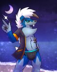 anthro beach black_clothing black_speedo black_swimwear black_topwear black_underwear black_vest blue_body blue_eyes blue_fur blue_waistband briefs clothing darkan_the_lycanroc darkanroc fangs fur generation_7_pokemon hi_res lycanroc male midnight_lycanroc moon navel nintendo pokemon pokemon_(species) sea shiny_pokemon snapping_fingers solo speedo swimwear teasing_pose teeth tongue tongue_out topwear underwear vest waist water white_body white_fur