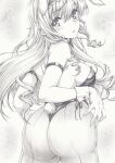  1girl ass blush breasts cecilia_alcott fake_tail graphite_(medium) infinite_stratos long_hair looking_at_viewer looking_back mikuro monochrome pantyhose playboy_bunny rabbit_tail sideboob solo tail traditional_media 