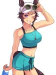  1girl abs animal_ears arm_up blush bracelet breasts brown_hair cleavage dog_tags earrings eyewear_on_head green_shorts green_sports_bra grin highres horse_ears horse_tail jewelry large_breasts looking_at_viewer mejiro_ryan_(umamusume) multicolored_hair muscular muscular_female navel necklace parted_lips pmoufu short_hair shorts smile solo sports_bra sunglasses tail teeth umamusume white_hair white_headwear 