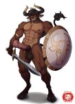 2026 abs absurd_res animal_ears animal_genitalia animal_penis anthro balls bedroom_eyes big_butt big_muscles big_pecs black_hair blue_eyes bovid bovid_horn bovine brown_body brown_fur butt cattle cel_shading digital_drawing_(artwork) digital_media_(artwork) ear_piercing ear_ring equine_genitalia erection european_mythology facial_hair fur genitals goatee greek_mythology hair hi_res holding_melee_weapon holding_object holding_shield holding_sword holding_weapon horn jewelry looking_at_viewer male mammal melee_weapon minotaur mismatched_animal_genitalia mismatched_animal_penis mismatched_genitalia mismatched_penis muscular muscular_male muscular_thighs mythology narrowed_eyes navel nipples nude obliques ottobum pecs penis piercing ring_piercing seductive serratus shaded shield solo sword tail weapon