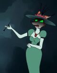 2023 adult_swim alternative_fashion anthro armwear artist_name asian_mythology black_ear_tips black_nose breasts canid canine canis cartoon_network character_name cigarette cigarette_holder classy clothed clothing colored confusion curled_fingers curvy_figure detailed digital_drawing_(artwork) digital_media_(artwork) digital_painting_(artwork) dipstick_ears dress ear_markings ear_tuft ears_up east_asian_mythology elbow_gloves english_description eyebrows fancy_clothing fancy_dress feathers female fist flower flower_on_hat fox fox_spirit full-length_portrait fur gem gesture gloves glowing glowing_eyes goth green_clothing green_dress green_eyes green_hat green_headwear hand_gesture handwear hat hat_feather headgear headwear holding_cigarette holding_object japanese_mythology jewelry june_way loose_feather mammal markings multicolored_body multicolored_ears multicolored_fur mythological_canine mythological_creature mythology neck_tuft necklace neckwear open_mouth orange_body orange_fur painting_(artwork) plant pointy_ears portrait raised_eyebrow red_fox shaded shadowed_eyes shadowed_face simple_background solo standing steampunk sun_hat text tmp999 tongue true_fox tuft unicorn:_warriors_eternal victorian victorian_clothing victorian_dress victorian_goth victorian_style white_body white_fur wide_hipped_anthro wide_hipped_female wide_hips