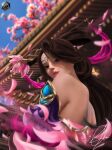  brown_eyes brown_hair diao_chan falling_petals jewelry kc-05 lipstick long_hair makeup pagoda petals pink_lips shin_sangoku_musou 