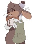  2022 anthro apron artist_name brown_body brown_fur cheek_tuft clothed clothing container cup dated digital_media_(artwork) eyes_closed facial_tuft fur head_tuft hi_res holding_cup holding_object lagomorph leporid mammal rabbit simple_background solo standing stretching tohupo tuft white_background 