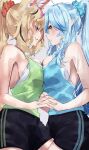  2girls ahoge animal_ear_fluff animal_ears black_hair black_shorts blonde_hair blue_hair blue_nails blue_shirt blush breast_press breasts fox_ears from_side green_nails green_shirt hair_ornament hair_scrunchie holding_hands hololive large_breasts long_hair looking_at_viewer looking_to_the_side multicolored_hair multiple_girls nail_polish omaru_polka parted_lips pointy_ears ponytail profile purple_eyes purple_hair scrunchie shirt short_shorts shorts sideways_glance smile streaked_hair sweat symmetrical_docking tsushi very_long_hair virtual_youtuber yellow_eyes yukihana_lamy 