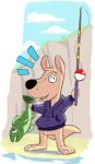 ^_^ animal_crossing anthro black_nose blue_sky cameroo cameroo_(character) cliff clothing eyes_closed fishing fishing_rod grass holding_fish hoodie kangaroo macropod male mammal marsupial nintendo outside plant purple_clothing purple_hoodie purple_topwear shadow sky smile solo toony topwear water white_clouds