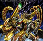 2009 4_fingers 5_horns ambiguous_gender anthro beak big_hands blade_horn blue_eyes claws countershade_accent countershade_hands countershading detailed dragon duel_masters electricity empty_eyes facial_horn featureless_crotch finger_claws fingers horn lightning long_tail markings membrane_(anatomy) membranous_wings multi_horn mythological_creature mythological_scalie mythology nakagawa_(pixiv) nose_horn nude nude_ambiguous nude_anthro open_mouth purple_tongue red_body red_markings red_scales scales scalie shaded sharp_teeth shoulder_cannon simple_background slim_ambiguous slim_anthro soft_shading solo spikes spikes_(anatomy) standing tail tailbutt teeth thick_tail three-quarter_view tongue toothed_beak white_body white_countershading white_horn white_scales wings yellow_body yellow_scales