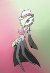  2022 broken clothing featureless_feet featureless_hands fedora gardevoir gradient_background green_hair hair hair_over_eye hat headgear headwear hi_res humanoid jacket male malegardevoir nintendo not_furry one_eye_obstructed pink_eyes pok&eacute;mon pok&eacute;mon_(species) shaded simple_background smile solo topwear video_games 