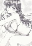  1girl ayukawa_madoka breasts cleavage graphite_(medium) kimagure_orange_road legs long_hair looking_at_viewer mikuro monochrome smile solo swimsuit traditional_media very_long_hair 