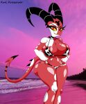 absurd_res animal_print animal_print_bikini beach big_breasts big_butt bikini bikini_bottom bikini_thong bikini_top black_horn blitzo_(helluva_boss) breasts butt choker clothing cow_print cow_print_bikini crossgender demon facial_markings female forehead_markings head_markings hellaverse helluva_boss hi_res horn huge_breasts huge_butt humanoid imp jewelry legs_together markings mixed_media mtf_crossgender navel necklace pattern_bikini pattern_clothing pattern_swimwear photo_background photography_(artwork) red_body red_eyes sharp_teeth side_butt small_bikini solo spade_tail swimwear symbol tail teeth thick_thighs tight_bikini two-piece_swimsuit white_markings wide_hips xml_xrossover_(artist) yellow_sclera yellow_teeth