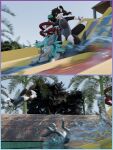 2_panel_comic 3:4 3d_(artwork) 5_fingers ambiguous_gender amusement_park animate_inanimate anthro arms_out arms_outstretched asher_sterling bad_idea balancing bared_teeth beanthusiast before_and_after biped black_body black_fur black_hair blender_(artwork) blue_eyes blue_hair border claws clothed clothing comic crooked_whiskers digital_media_(artwork) digitigrade domestic_cat duo eryn_(coffii) eyewear eyewear_only feet felid feline felis fin fingers flying fur glasses glasses_only grey_body grey_fur hair handle handles_on_arms handles_on_back handles_on_body hi_res hindpaw horn inflatable insane instant_loss_2koma living_inflatable lying mammal mayu_(azuki) motion_blur narrowed_eyes nude on_another on_front one-piece_swimsuit open_mouth outside pawpads paws plant purple_border purple_eyes seam_(sewing) sequence shark_tail slide sliding small_comic smile splash splashing_water squint standing standing_on_another surfing swimming_pool swimwear tail teeth teeth_showing toes tree water water_park water_slide watermark wearing_glasses whiskers white_body white_fur wickerbeast wide_eyed