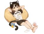  1boy absurdres animal_ears arms_behind_back bangs barefoot black_hair cat_boy cat_ears cat_tail child commentary futon highres kemonomimi_mode lying male_child on_back orange_juice original rock_sugar shorts sock_pull tail 
