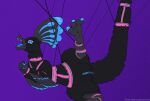 arm_feathers arms_tied black_body black_feathers blue_body blue_claws blue_eyes blue_feathers blue_tongue blue_vulva bodily_fluids bound claws digital_drawing_(artwork) digital_media_(artwork) dinosaur dromaeosaurid feather_hair feathered_dinosaur feathered_scalie feathers female feral genitals grey_body grey_hands grey_legs grey_snout harness held_up hi_res legs_up lumina_(therealmessyroomguy1) open_mouth pink_harness prehistoric_species presenting presenting_vulva pseudo_hair purple_background reptile restrained_arms saliva saliva_string saurischian scalie sharp_teeth sickle_claw simple_background solo spread_legs spreading teeth therealmessyroomguy1 theropod toe_claws tongue vulva watermark
