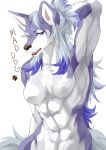 2026 abs anthro biped blocky_snout blue_eyes blue_highlights breasts brown_lips canid canine canis chest_tuft colored digital_drawing_(artwork) digital_media_(artwork) domestic_dog fangs featureless_breasts female fluffy fluffy_tail footprint fur grey_hair hair hand_in_hair hi_res highlights_(coloring) line_art lips long_hair looking_at_viewer mad_dog_(the_d0odledog) mammal multicolored_body multicolored_fur muscular muscular_arms muscular_female neck_muscles nude obliques open_mouth pawprint pinup pointy_ears ponytail pose presenting_armpit prick_ears purple_body purple_fur raised_arm shaded simple_background snout solo standing straight_hair tail teeth the_d0odledog tied_hair tongue touching_hair tuft two_tone_body two_tone_fur ventral_groove white_background white_body white_fur