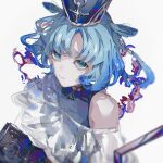  black_headwear blue_eyes blue_hair character_name gradient_hair hat highres light_blue_hair looking_at_viewer mercury_(planet) multicolored_hair original personification see-through simple_background sleeveless to/garashi upper_body white_background 