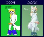2009 2026 4_toes 5_fingers anthro artist_name ball_bulge balls big_penis black_facial_markings black_nose black_text blonde_eyebrows blonde_hair blue_border bodily_fluids border bottomwear bottomwear_down canid canine cheek_tuft clothed clothing cute_fangs dated denim denim_bottomwear denim_clothing dialogue dripping english_text erection eyebrows eyelashes facial_tuft fangs feet femboy fingers fluffy fluffy_tail foreskin fox fur genital_fluids genitals glans green_background hair hi_res humanoid_genitalia humanoid_penis inner_ear_fluff jeans leaking leaking_precum long_hair male mammal nipples open_mouth open_smile panties pants pants_down partially_clothed penis pink_nipples precum precum_drip pulling_panties_down purple_eyes redraw retracted_foreskin simple_background slipperydragon smile solo tail teeth text toes tuft underwear undressing undressing_self vein veiny_penis white_body white_fur white_text