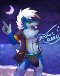 anthro beach black_clothing black_speedo black_swimwear black_topwear black_underwear black_vest blue_blush blue_body blue_fur blue_waistband blush blush_lines bodily_fluids briefs bulge clothing darkan_the_lycanroc darkanroc dripping fangs fur generation_7_pokemon genital_fluids hi_res lycanroc male midnight_lycanroc moon navel nintendo pokemon pokemon_(species) precum precum_drip rumbling_stomach saliva sea shiny_pokemon solo speedo swimwear teasing_pose teeth tongue tongue_out topwear tuft underwear vest waist water white_body white_fur
