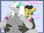 4:3 anthro belly belly_folds big_belly black_hair blush blush_lines dragon duo ear_piercing elemental_creature elemental_humanoid english_text flora_fauna fur grey_body grey_fur hair hi_res holding_belly horn humanoid male markings mythological_creature mythological_scalie mythology navel overweight piercing plant plant_humanoid russet_(russetptato) russetptato scalie snout spectre_dragon spots spotted_markings tail text thick_tail whiskers white_body white_fur white_hair yellow_body yellow_fur