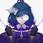  androgynous ascot bangs black_gloves blue_ascot blue_eyes blue_hair character_name gem gloves highres looking_at_viewer medium_hair monocle original personification saturn_(planet) simple_background smile to/garashi upper_body white_background 