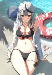  1girl bangs black_hair bowsan braid breasts cleavage grey_hair hair_ornament highres hololive large_breasts long_hair looking_at_viewer multicolored_hair navel red_eyes sakamata_chloe shore sitting smile solo streaked_hair swimsuit thigh_gap virtual_youtuber volleyball x_hair_ornament 