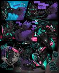 2026 black_body black_latex black_skin blue_latex cave comic dialogue dragon drone dronification english_text gas_mask goo_drip hi_res hypno_visor hypnosis kiss_on_lips kissing latex liquid_latex male mask mind_control mythological_creature mythological_scalie mythology null_bulge orange_body orange_skin purple_body purple_skin riggedreded scalie spiral spiral_eyes spreading text