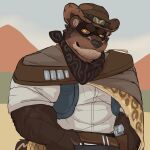 1:1 anthro bandit_mask belt biceps big_muscles black_clothing black_kerchief black_mask blue_clothing blue_topwear blue_vest bottomwear brown_belt brown_body brown_clothing brown_fur brown_hat brown_headwear burglar clothing cocky cocky_grin cowboy cowboy_hat cowboy_outfit criminal desert domino_mask eyebrows eyemask eyewear fur grey_bottomwear grey_clothing grey_pants grin grinning_at_viewer gulonine gun gun_belt gun_holster gun_on_thigh handgun hat headgear headwear hi_res higgs_(higgsfigs) higgsfigs kerchief male mammal manly mask masked_male mountain mountain_range muscular muscular_anthro muscular_arms muscular_male mustelid musteline nature nature_background object_in_mouth old_west orange_eyes outlaw outside pants pistol pistol_holster poncho ranged_weapon robber rolled_up_sleeves sand shirt sky smile smiling_at_viewer smirk smirking_at_viewer solo thick_arms thick_eyebrows thief thief_outfit topwear tough_guy vest weapon weapon_holster weapon_on_hip wearing_mask wheat wheat_in_mouth white_clothing white_shirt white_topwear wild_west wolverine
