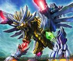 2012 3_toes ambiguous_gender blue_eyes claws cloud crystal day detailed detailed_background digitigrade duel_masters empty_eyes fangs feet felid feral floating_limbs grass lion looking_at_viewer low-angle_view machine mammal markings mechanical_wings metallic_body multicolored_markings nakagawa_(pixiv) open_mouth outside pantherine plant quadruped rainbow_markings robot shaded sharp_teeth shoulder_cannon sky soft_shading solo standing teeth three-quarter_view toe_claws toes white_body wings yellow_body