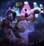 alternative_fashion anthro audience backsack ball_tuft balls big_penis body_hair bottomwear chest_hair claws clothing concert denim denim_bottomwear denim_clothing detailed_background electronics english_text finger_claws genitals group hi_res holding_microphone holding_object hyena jeans kendryzak male male_anthro mammal medial_ring microphone muscular muscular_anthro muscular_male nipple_piercing nipples pants pecs penis piercing profanity pubes public public_nudity rock_out_with_your_cock_out saggy_balls solo stage standing text thick_penis toe_claws torn_bottomwear torn_clothing torn_jeans torn_pants tuft