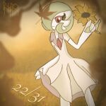  2021 3_fingers autumn clothing dress falling_leaves female fingers flower gardevoir green_hair hair hi_res holding_clothing holding_dress holding_flower holding_object humanoid looking_at_viewer lynofdeath monochrome nintendo not_furry plant pok&eacute;mon pok&eacute;mon_(species) red_eyes sepia signature smile solo sunflower video_games 