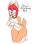  2022 5_fingers absurd_res ahegao anthro areola blush breasts canid canine canis collar curvy_figure domasarts domestic_dog female fingers fur hair heiko_(domasarts) hi_res inner_ear_fluff kneeling looking_pleasured mammal nipples nude open_mouth open_smile orange_body orange_fur paws red_hair simple_background smile solo spiked_collar spikes tongue tongue_out tuft white_background white_body white_fur 