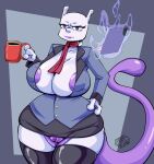  anthro areola areola_slip beverage big_breasts breasts clipboard clothed clothing coffee coffee_mug female genitals ineffective_clothing legendary_pok&eacute;mon legwear mew_tuely_(fan_character) mewtwo nintendo no_underwear office_lady pok&eacute;mon pok&eacute;mon_(species) pussy scarf solo stockings unimpressed video_games 