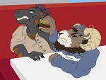 2026 4:3 absurd_res anthro beard blue_eyes bovid burger caprine carl_hendricks dated diner duo echo_(game) echo_(series) echo_project eyes_closed facial_hair flynn_moore food gila_monster grin helodermatid hi_res horn lizard male mammal markings refusing reptile restaurant scalie sheep smile stinky_spunker