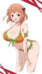  1girl :d absurdres armband bangs bikini breasts brown_eyes brown_hair cleavage collarbone commentary eggman_(pixiv28975023) frilled_bikini frills hands_on_own_knees hataraku_maou-sama! highres large_breasts leaning_forward navel open_mouth orange_bikini sasaki_chiho simple_background smile solo standing stomach swimsuit white_background 