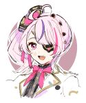  1girl :d absurdres ahoge bow eyepatch hair_bow hakamii highres looking_at_viewer maria_marionette multicolored_hair neck_ribbon nijisanji nijisanji_en open_mouth pink_eyes pink_hair pink_ribbon ponytail purple_hair ribbon signature simple_background sketch smile solo virtual_youtuber 
