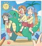  3girls ^_^ aioi_yuuko beach black_eyes black_hair blue_eyes blue_hair blue_sky blush brown_hair closed_eyes closed_mouth cloud day dinosaur facing_another grin looking_at_another minakami_mai multiple_girls naganohara_mio nichijou open_mouth outdoors palm_tree parted_lips school_uniform serafuku shark short_hair short_twintails sky smile teeth tokisadame_school_uniform tree tsubobot twintails v 