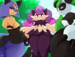 anthro bear black_body black_clothing black_dress black_fur black_nose blue_body blue_hair breasts cheek_tuft clothed clothing detailed_background disgust dress evesugarr eyelashes facial_tuft felid feline female fur giant_panda green_ears group hair hi_res leafan_(pal) looking_at_viewer looking_down looking_down_at_viewer majex_(pal) mammal multicolored_body multicolored_fur navel neck_ring no_underwear pal_(species) palmorph palworld pocketpair purple_ears red_eyes sekhmet_(pal) short_hair short_tail tail tan_body tan_fur thick_thighs trio tuft two_tone_body two_tone_fur white_body white_fur wide_hips yellow_body
