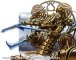 2009 3_heads 4_arms 6_horns ambiguous_gender apode barbel_(anatomy) blue_eyes border cloud detailed dragon duel_masters eastern_dragon electricity empty_eyes feral fin flesh_whiskers fog halo holding_melee_weapon holding_object holding_sword holding_weapon horn humanoid_hands legless machine melee_weapon metallic_body multi_arm multi_head multi_horn multi_limb mythological_creature mythological_scalie mythology nakagawa_(pixiv) robot scalie serpentine shaded simple_background snout soft_shading solo sword three-quarter_view weapon white_border yellow_body