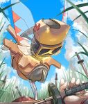  cloud commentary_request day from_below mukiguri ninjask outdoors planted planted_sword pokemon pokemon_(creature) red_eyes shedinja shell sky sword tall_grass weapon 