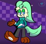 anthro black_bottomwear black_clothing black_pants bottomwear bow_tie brown_feet brown_hands cascade_(mintytempest) checkered checkered_background clothing eeveelution feet fur generation_4_pokemon green_ears green_eyelids green_tail half-closed_eyes hi_res leafeon male mintytempest narrowed_eyes nintendo pants pattern_background pawpads pokemon pokemon_(species) purple_background simple_background smile smirk solo sparkles tail teal_clothing teal_topwear toony topwear white_pawpads yellow_body yellow_fur