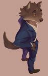 absurd_res anthro canid canine canis clothing dreamworks fluffy fur grey_body grey_fur hand_on_hip hi_res looking_away male mammal mr._wolf_(the_bad_guys) multicolored_body multicolored_fur murizy simple_background solo standing suit the_bad_guys two_tone_body two_tone_fur wolf yellow_eyes