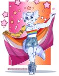 2023 anthro big_ears blue_eyes bottomwear breasts clenched_teeth clothing colored_nails confident_expression cybernetic_arm cybernetic_limb denim denim_bottomwear denim_clothing ear_piercing ear_ring female flag flag_(object) footwear fur gradient_background grey_clothing grey_footwear grey_shoes gums head_tuft hi_res holding_flag holding_object jeans lesbian_pride_colors lgbt_pride lombax mammal markings muscular muscular_female nails orange_lesbian_pride_colors pants piercing pink_nose pride_colors prosthetic prosthetic_arm prosthetic_limb purple_stripes rainbow_colors ratchet_and_clank ring_piercing rivet_(ratchet_and_clank) robotic_arm sharp_nails shirt shoelaces shoes simple_background small_breasts solo sony_corporation sony_interactive_entertainment spread_arms star_symbol striped_arms striped_ears striped_markings striped_tail stripes tail tail_markings tank_top teeth toothy_grin toothy_smile topwear torn_bottomwear torn_clothing torn_jeans torn_pants tuft username wherearethebots white_body white_clothing white_fur white_shirt white_tank_top white_topwear