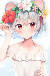  1girl animal_ears bangs bare_shoulders blush closed_mouth collarbone flower hair_flower hair_ornament highres looking_at_viewer mouse_ears nazrin nnyara pink_flower red_eyes red_flower solo touhou upper_body 