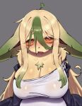 2026 anthro azuu big_breasts biped blush breasts brown_body brown_fur brown_hair clothed clothed_anthro clothed_female clothing digital_drawing_(artwork) digital_media_(artwork) eeveelution female front_view fur generation_4_pokemon hair hi_res ivy_(azuu) leafeon looking_at_viewer nintendo open_mouth pokemon pokemon_(species) simple_background solo teeth tongue