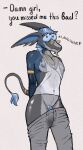 anthro big_penis blue_body blue_fur bodily_fluids bottomwear clothing english_text excited eyewear fur genitals glasses gray_sweatpants halfels hi_res jewelry male necklace ohgodfucc pants penis shirt solo sweat sweatpants tail tank_top text topwear unknown_species wearing_glasses wet wet_clothing wizard_blue